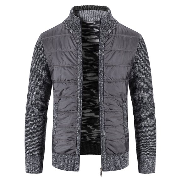 SWSMCLT Men's Winter Quilted Puff Jackets Thermal Warm Slim Fit Long Sleeve Knit Cardigan Sweaters Patchwork Fleece Lined Jacket Soft Zip Up Thick Business Casual Outerwear Dark Grey 44