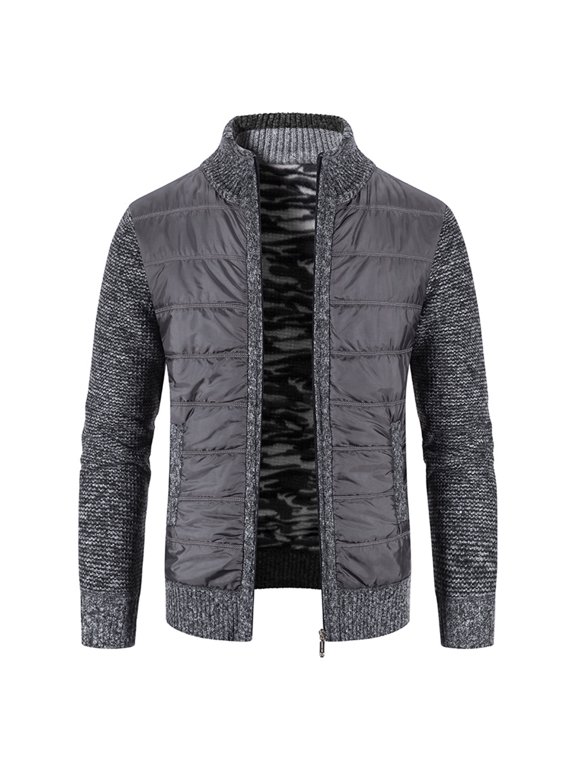 Men's Winter Quilted Puff Jackets Thermal Warm Slim Fit Long Sleeve Knit Cardigan Sweaters Patchwork Fleece Lined Jacket Soft Zip Up Thick Business Casual Outerwear Dark Grey 36