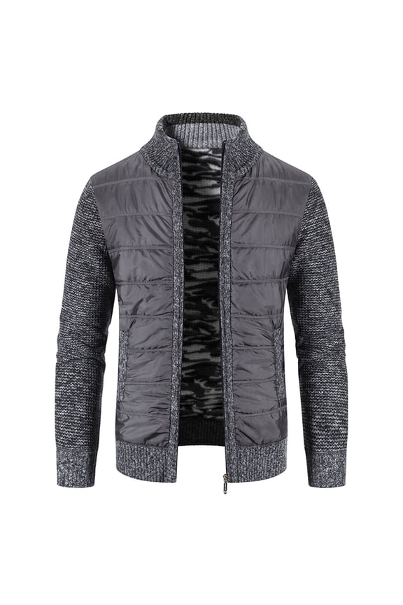 Men's Winter Quilted Puff Jackets Thermal Warm Slim Fit Long Sleeve Knit Cardigan Sweaters Patchwork Fleece Lined Jacket Soft Zip Up Thick Business Casual Outerwear Dark Grey 36
