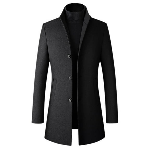 SWSMCLT Men's Wool Blend Coat Fall Winter Thick Topcoats Business Casual Work Warm Soft Pocket Single Breasted Slim Fit Pea Coat Quilted Top Coats Long Sleeve Stand Collar Black X-Large