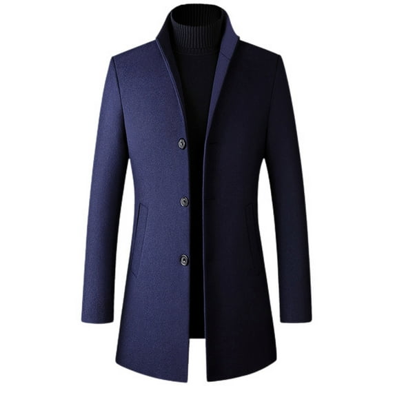 SWSMCLT Men's Wool Blend Coat Fall Winter Thick Topcoats Business Casual Work Warm Soft Pocket Single Breasted Slim Fit Pea Coat Quilted Top Coats Long Sleeve Stand Collar Navy Small