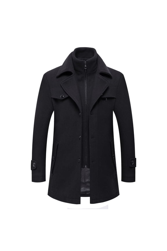 Men's Wool Pea Coat Quilted WarmPeacoat Work Button Down Zip Up Business Casual Slim Fit Long Sleeve Winter Top High Neck Jackets Coats Black Small