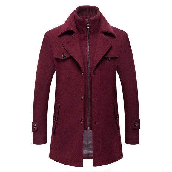 SWSMCLT Men's Wool Pea Coat Quilted WarmPeacoat Work Button Down Zip Up Business Casual Slim Fit Long Sleeve Winter Top High Neck Jackets Coats Burgundy Small