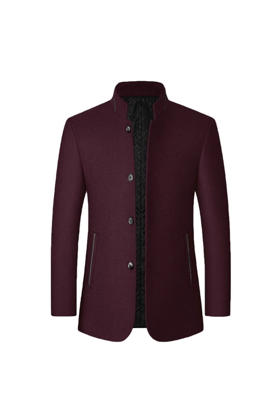 Men's Wool Trench Jacket & Coat Warm Quilted Single Breasted Button Slim Fit Peacoat Band Collar Fall Long Sleeve Winter Burgundy XL