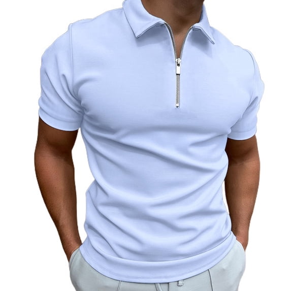 SWSMCLT Mens Soft Polo Shirt Summer Half Zip Tops Short Sleeve Quarter Zip Up Basic Fashion Cotton Thin Metal Light Blue Small