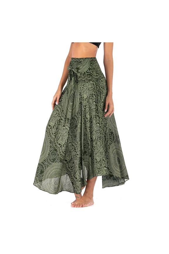 Summer Beach Coverup Maxi Skirt for Women Halter Top Midi Dresses Black Charcoal Long Length Spring Casual Hippie Boho Print Elastic Shirred Waist Olive Green Patterned3 Small-Large