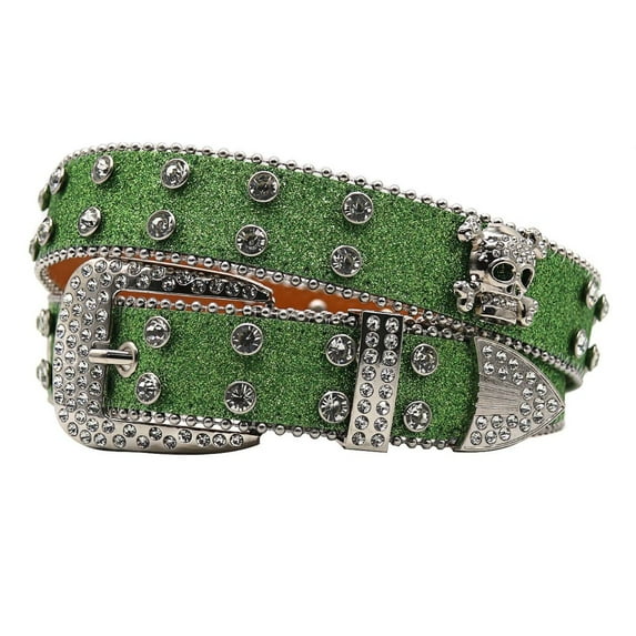 SWSMCLT Unisex Rhinestone Belt Fashion Faux Leather Women Metal Men's Belt Square Halloween Holographic Steampunk Metal Buckle Green 42inches-46inches