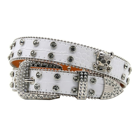 SWSMCLT Unisex Rhinestone Belt Fashion Faux Leather Women Metal Men's Belt Square Halloween Holographic Steampunk Metal Buckle White 36inches-40inches