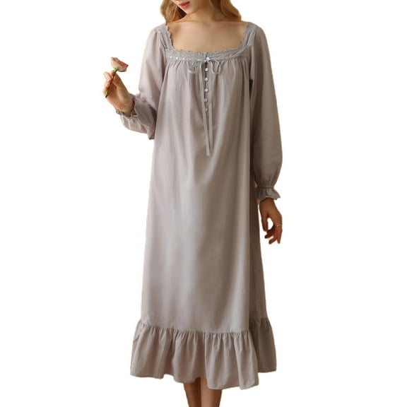 SWSMCLT Women's 100 Cotton Nightgown Vintage Loose Sleep Dress Mid-Length Victorian Princess Long Sleeve Ruffle Fall Grey Small