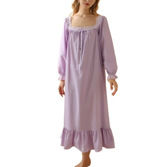 SWSMCLT Women's 100 Cotton Nightgown Vintage Loose Sleep Dress Mid-Length Victorian Princess Long Sleeve Ruffle Fall Purple Large