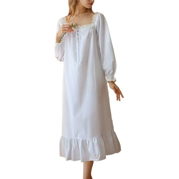 SWSMCLT Women's 100 Cotton Nightgown Vintage Loose Sleep Dress Mid-Length Victorian Princess Long Sleeve Ruffle Fall White X-Large