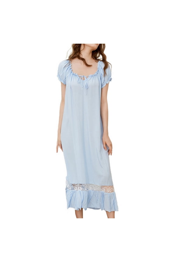 Women's 100 Cotton Victorian Vintage Night Gown Short Sleeve Long Pj Soft Pajama Dress Summer Tea Length Sleepwear Off Shoulder Sleep Shirt Frilly Billowy Nighty Light Blue Large
