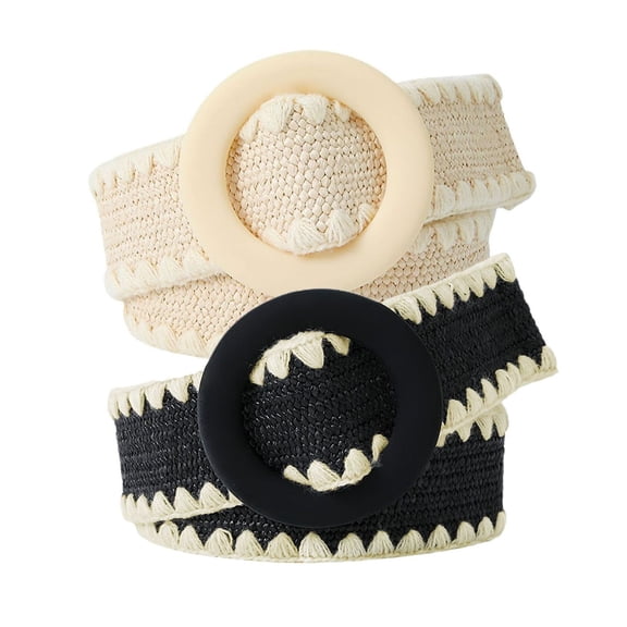 SWSMCLT Women's 2 Pack Elegant Adjustable Belts Braided Belt Elastic Jagged Belt For Dress Black Beige X-Small-Large