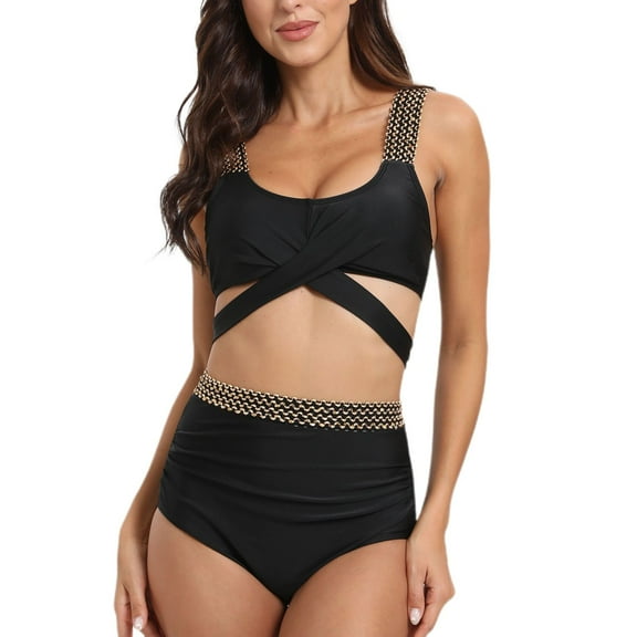 SWSMCLT Women's 2 Piece Bathing Suit Full Coverage Swimsuit Beach Cutout Swimwear Sexy Summer Trendy Padded Black Large
