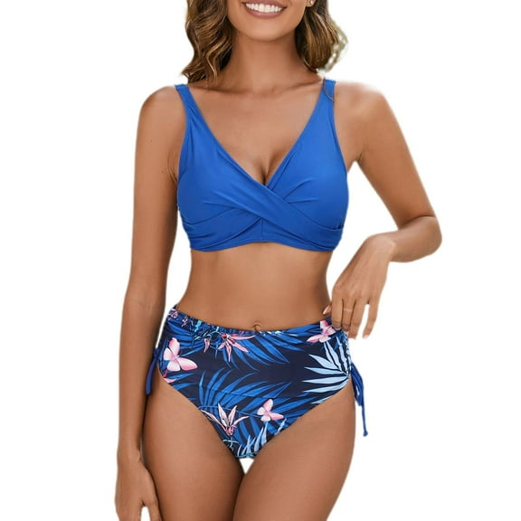 SWSMCLT Women's 2 Piece Bikini Bathing Suit Beach String Short Cross Printed Swimwear Full Coverage Swimsuit High Waisted Blue X-Large