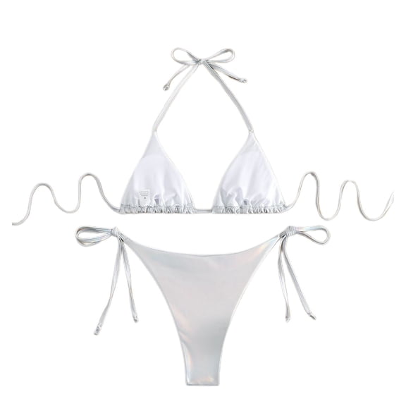 SWSMCLT Women's 2 Piece Bikini Set Sexy Swimsuit Halter Brazilian String Metallic Tie Up Bathing Suit Adjustable Swimwear Silver White Large