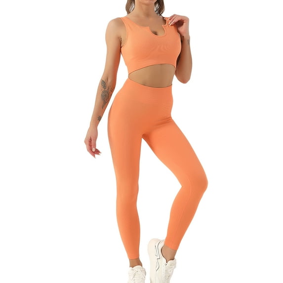 SWSMCLT Women's 2 Piece Outfits Crop Tank Tops and Athletic Workout 2Pcs Sexy Lounge Sets High Waisted Leggings Yoga Set Seamless Sporty U Neck Activewear Orange Small
