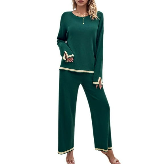SWSMCLT Women's 2 Piece Outfits Dressy Long Sleeve Lounge Sets Knit Sweater Top Wide Leg Pants Holiday Casual Pant Suits Tracksuits Green X-Large