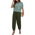 thumbnail image 1 of SWSMCLT Women's 2 Piece Outfits Sweater Sets High Waisted Pants Casual Lounge Sets Comfy Summer Knit Short Sleeve Pullover Tops Green Medium, 1 of 5