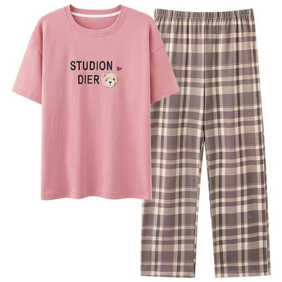 SWSMCLT Women's 2 Piece Pajama Set Cotton Basic Loose Casual Pjs Pajamas Summer Short Sleeve Comfy Thin Lounge Style1 Small