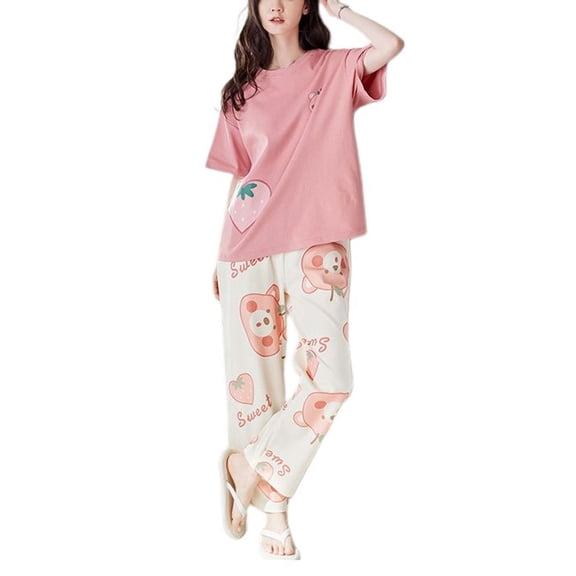 SWSMCLT Women's 2 Piece Pajama Set Cotton Basic Loose Casual Pjs Pajamas Summer Short Sleeve Comfy Thin Lounge Style4 Medium