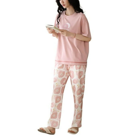SWSMCLT Women's 2 Piece Pajama Set Cotton Basic Loose Casual Pjs Pajamas Summer Short Sleeve Comfy Thin Lounge Style5 Small