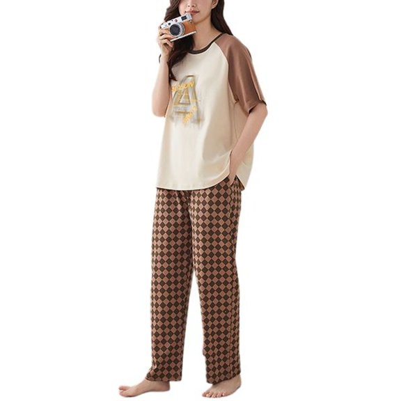 SWSMCLT Women's 2 Piece Pajama Set Cotton Basic Loose Casual Pjs Pajamas Summer Short Sleeve Comfy Thin Lounge Style8 Medium