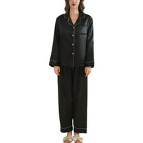 SWSMCLT Women's 2 Piece Pajama Set Satin Cool Spring Silky Pj Set Pajamas Summer Long Sleeve Pant V Neck Fall Black Large