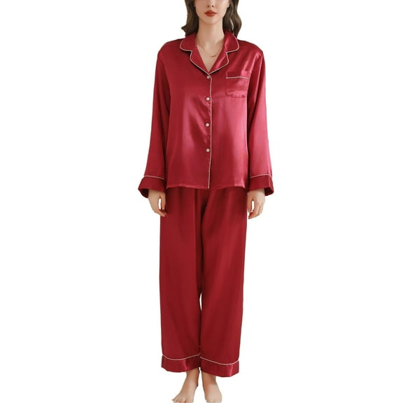 SWSMCLT Women's 2 Piece Pajama Set Satin Cool Spring Silky Pj Set Pajamas Summer Long Sleeve Pant V Neck Fall Red X-Small