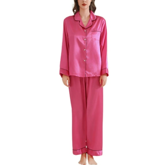 SWSMCLT Women's 2 Piece Pajama Set Satin Cool Spring Silky Pj Set Pajamas Summer Long Sleeve Pant V Neck Fall Rose Large
