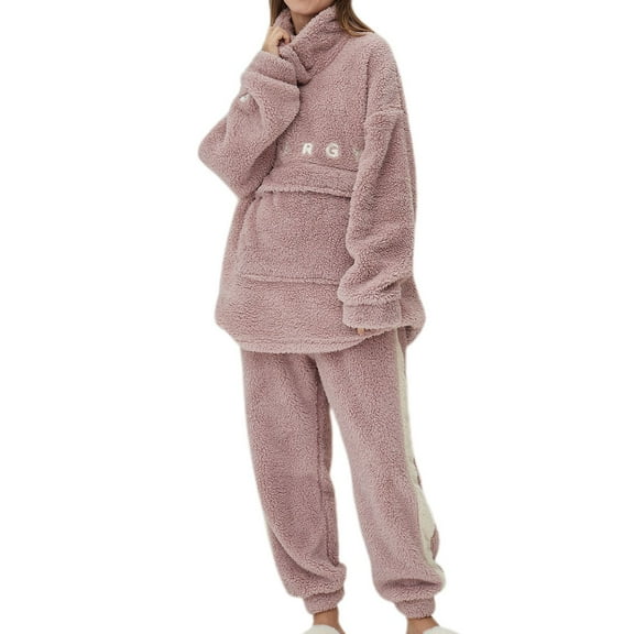 SWSMCLT Women's 2 Piece Pajama Set Soft Long Sleeve Warm Fleece Lounge Trendy Pj Set Winter Fuzzy Flannel Pink Large