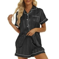 SWSMCLT Women's 2 Piece Pajama Set Soft Pajamas Cool Button Up Pjs Comfy Summer Short Sleeve Fall Loose Spandex Black Medium