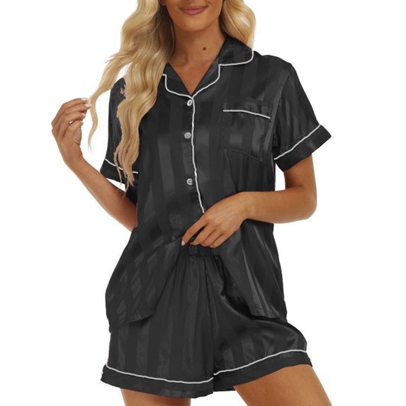 SWSMCLT Women's 2 Piece Pajama Set Soft Pajamas Cool Button Up Pjs Comfy Summer Short Sleeve Fall Loose Spandex Black Small
