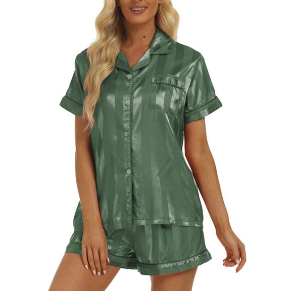 SWSMCLT Women's 2 Piece Pajama Set Soft Pajamas Cool Button Up Pjs Comfy Summer Short Sleeve Fall Loose Spandex Green X-Large