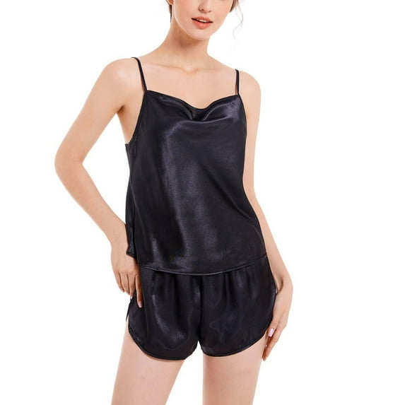 SWSMCLT Women's 2 Piece Pajamas Satin Pajama Set Fall Thin Loose Silky Pjs Soft Cami Shorts Summer Sexy Lightweight Black X-Small