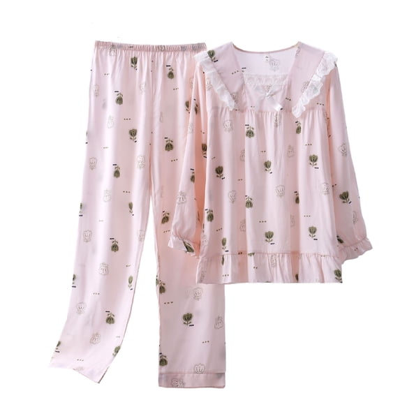 SWSMCLT Women's 2 Piece Pajamas Set Long Sleeve Pjs Soft Pant Thin Bow Trendy Lace Comfy Ruffle Fall Lounge Pj Set Style13 Medium