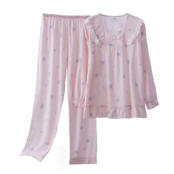 SWSMCLT Women's 2 Piece Pajamas Set Long Sleeve Pjs Soft Pant Thin Bow Trendy Lace Comfy Ruffle Fall Lounge Pj Set Style16 Large-X-Large