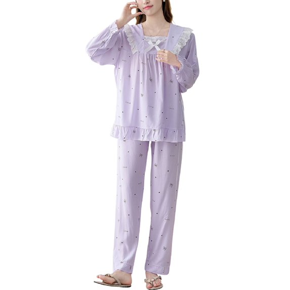 SWSMCLT Women's 2 Piece Pajamas Set Long Sleeve Pjs Soft Pant Thin Bow Trendy Lace Comfy Ruffle Fall Lounge Pj Set Style8 Large-X-Large