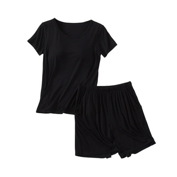 SWSMCLT Women's 2 Piece Pajamas Set Soft Pjs Summer Comfy Short Sleeve Short Fall Cool Modal Loose Spring Lounge Set Black Small