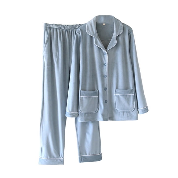 SWSMCLT Women's 2 Piece Pajamas Warm Pajama Set V Neck Winter Thick Soft Pant Spring Lounge Microfleece Pj Set Blue Small