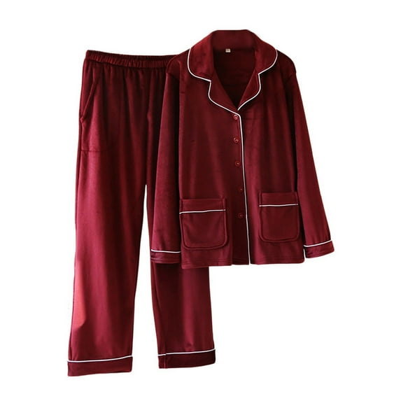 SWSMCLT Women's 2 Piece Pajamas Warm Pajama Set V Neck Winter Thick Soft Pant Spring Lounge Microfleece Pj Set Burgundy Small