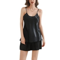 SWSMCLT Women's 2 Piece Shorts Pajamas Sexy Pjs Fitted Cool Short Pj Set Summer Soft Satin Lightweight Comfy Cami Black Small