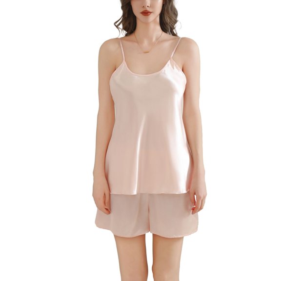 SWSMCLT Women's 2 Piece Shorts Pajamas Sexy Pjs Fitted Cool Short Pj Set Summer Soft Satin Lightweight Comfy Cami Pink X-Small