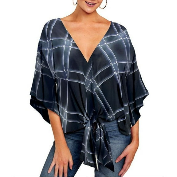 SWSMCLT Women's 3/4 Sleeve Blouse Casual Soft Peasant Shirt V Neck Top Boho Floral Printed Cotton Tie Front Black grid 14