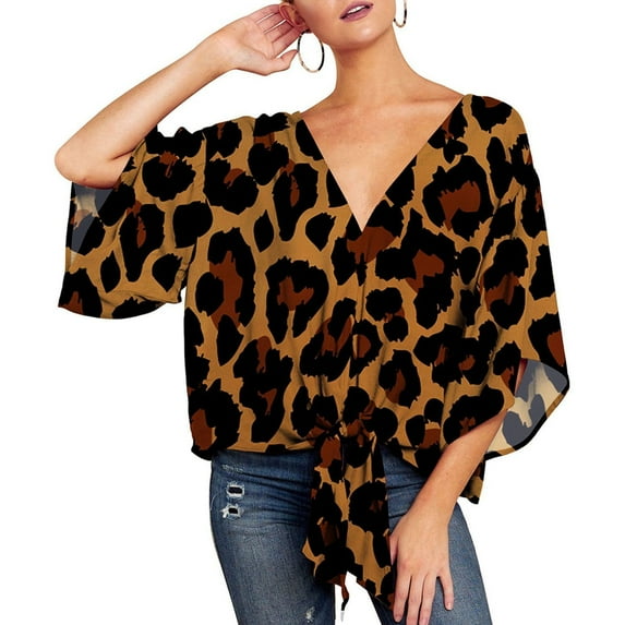 SWSMCLT Women's 3/4 Sleeve Blouse Casual Soft Peasant Shirt V Neck Top Boho Floral Printed Cotton Tie Front Brown 4-6