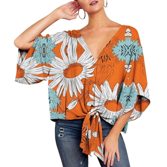 SWSMCLT Women's 3/4 Sleeve Blouse Casual Soft Peasant Shirt V Neck Top Boho Floral Printed Cotton Tie Front Yellow 8-10