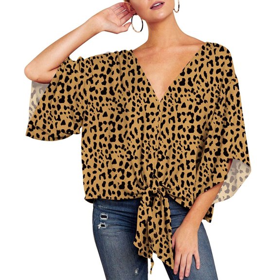 SWSMCLT Women's 3/4 Sleeve Blouse Casual Soft Peasant Shirt V Neck Top Boho Floral Printed Cotton Tie Front Yellow Leopard 14