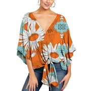 SWSMCLT Womens 3/4 Sleeve Plus Size Blouse Swing Bohemian Cotton Shirt Print V Neck Boho Tops Tie Knot Front Casual Shirts Summer Flowy Floral Plaid Yellow X-Large