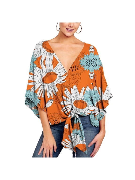 Women's 3/4 Sleeve Plus Size Blouse Swing Bohemian Cotton Shirt Print V Neck Boho Tops Tie Knot Front Casual Shirts Summer Flowy Floral Plaid Yellow Large