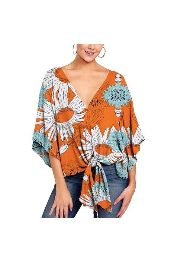 Women's 3/4 Sleeve Plus Size Blouse Swing Bohemian Cotton Shirt Print V Neck Boho Tops Tie Knot Front Casual Shirts Summer Flowy Floral Plaid Yellow X-Large